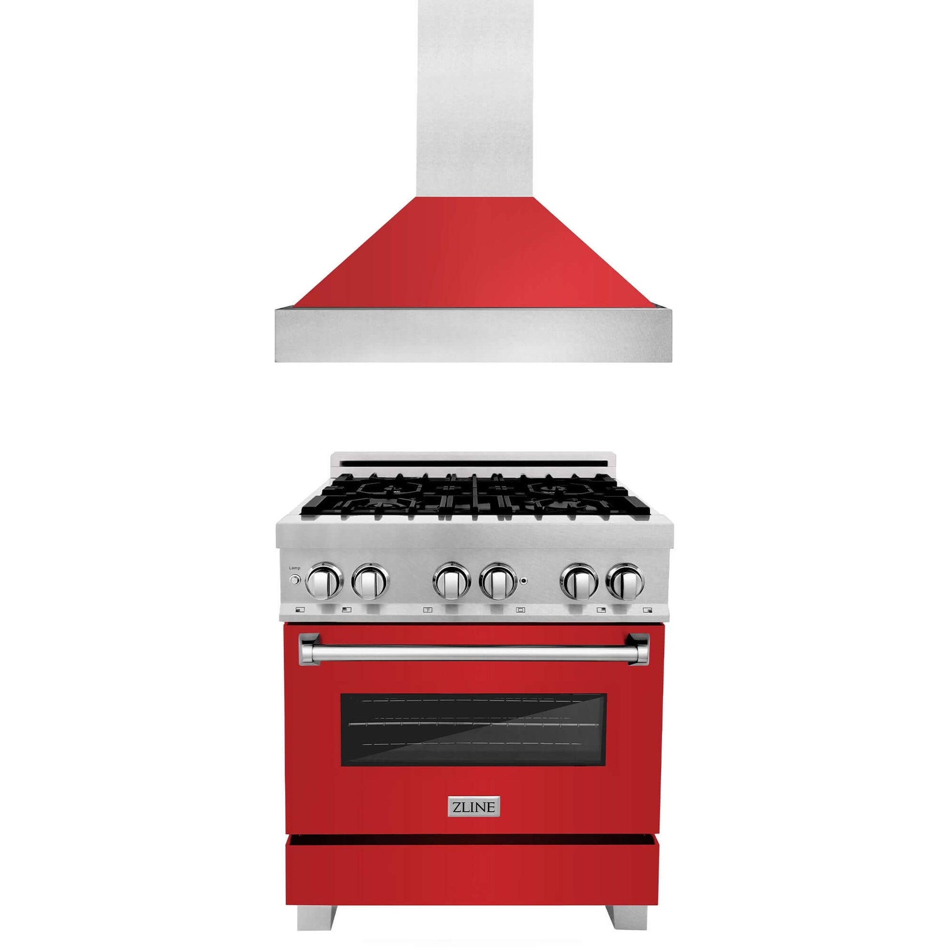 ZLINE 30 in. Kitchen Package with DuraSnow® Stainless Steel Dual Fuel Range with Red Matte Door and Convertible Vent Range Hood (2KP-RASRMRH30) 