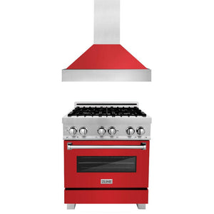 ZLINE 30 in. Kitchen Package with Satin Stainless Steel Dual Fuel Range with Red Matte Door and Convertible Vent Range Hood (2KP-RASRMRH30)