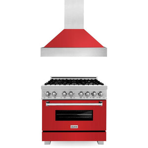 ZLINE 36 in. Kitchen Package with Satin Stainless Steel Dual Fuel Range with Red Matte Door and Convertible Vent Range Hood (2KP-RASRMRH36)