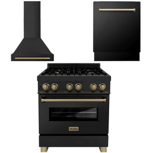 ZLINE Autograph Edition 30 in. Kitchen Package with Black Stainless Steel Dual Fuel Range, Range Hood and Dishwasher with Champagne Bronze Accents (3AKP-RABRHDWV30-CB) 