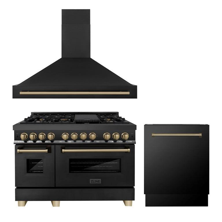 ZLINE Autograph Edition 48 in. Kitchen Package with Black Stainless Steel Dual Fuel Range, Range Hood and Dishwasher with Champagne Bronze Accents (3AKP-RABRHDWV48-CB) 