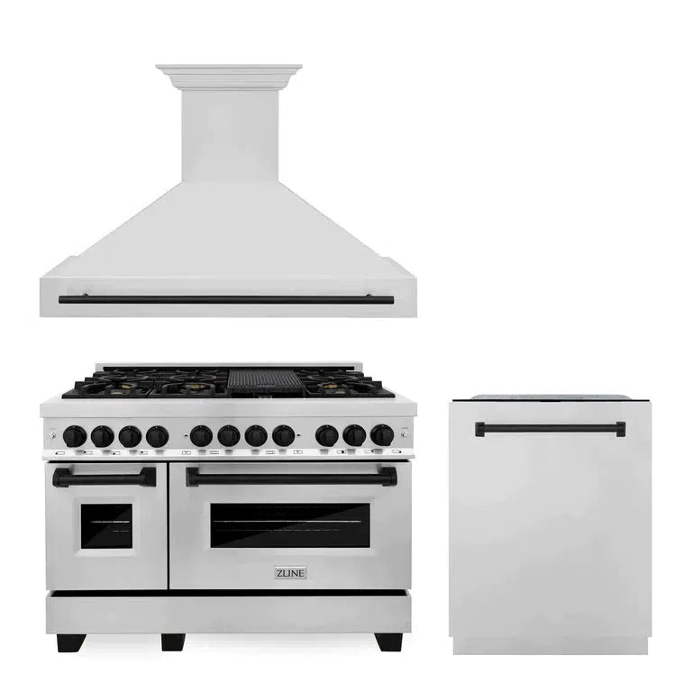 ZLINE Autograph Edition 48 in. Kitchen Package with Stainless Steel Dual Fuel Range, Range Hood and Dishwasher with Matte Black Accents (3AKP-RARHDWM48-MB) 