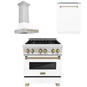 ZLINE Autograph Edition 30 in. Kitchen Package with Stainless Steel Dual Fuel Range with White Matte Door, Range Hood and Dishwasher with Champagne Bronze Accents (3AKP-RAWMRHDWM30-CB) 