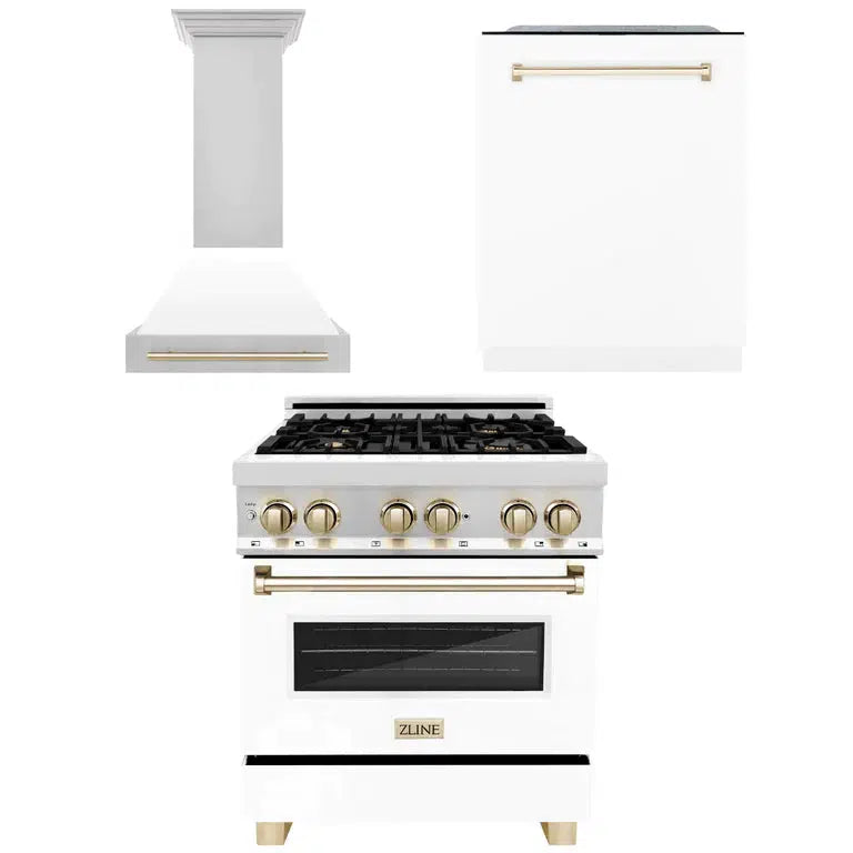 ZLINE Autograph Edition 30 in. Kitchen Package with Stainless Steel Dual Fuel Range with White Matte Door, Range Hood and Dishwasher with Polished Gold Accents (3AKP-RAWMRHDWM30-G) 