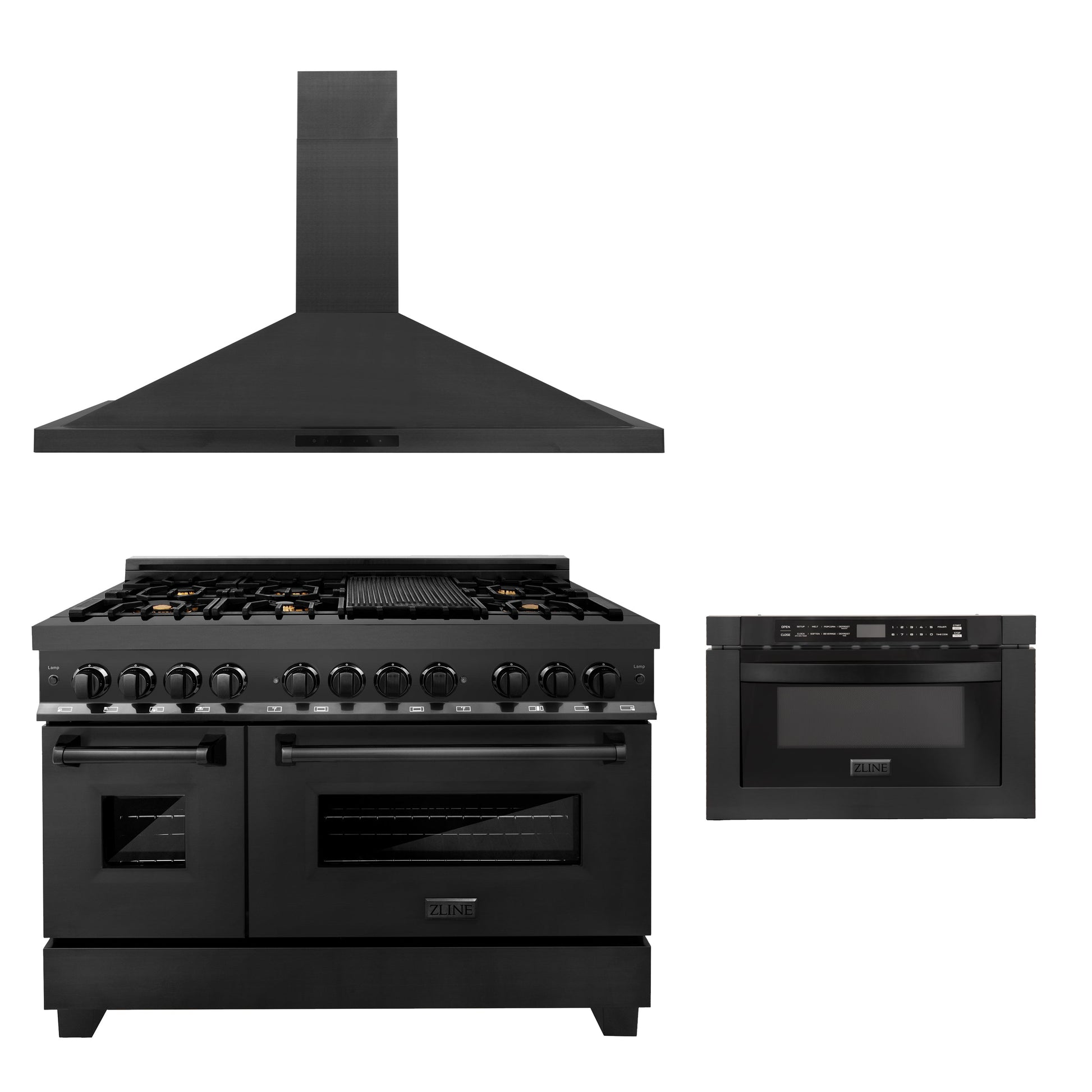 ZLINE 48 in. Kitchen Package with Black Stainless Steel Dual Fuel Range, Convertible Vent Range Hood and Microwave Drawer (3KP-RABRH48-MW) 