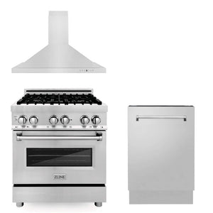 ZLINE 30 in. Kitchen Package with Stainless Steel Dual Fuel Range, Convertible Vent Range Hood and Tall Tub Dishwasher (3KP-RARH30-DWV) front.