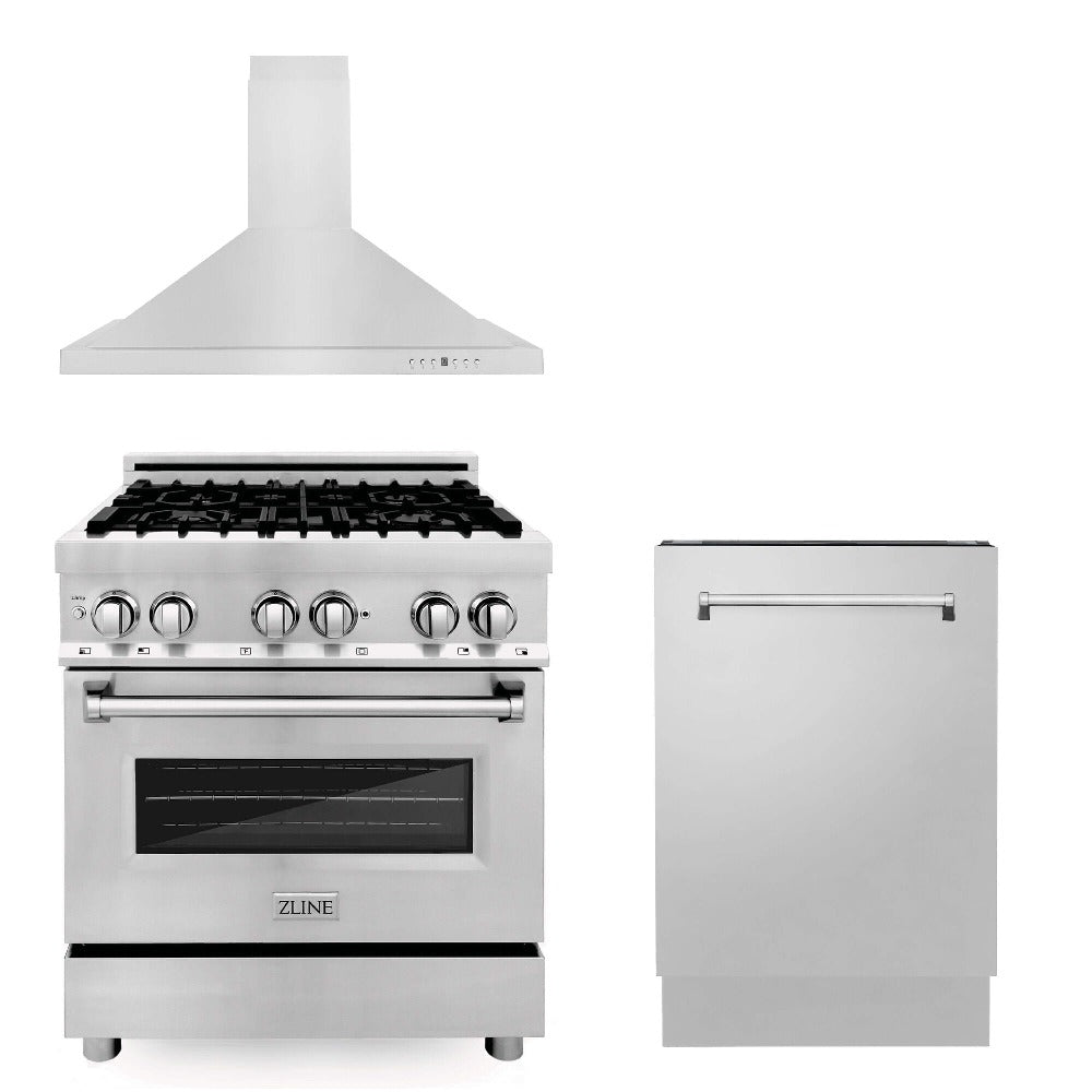 ZLINE 30 in. Kitchen Package with Stainless Steel Dual Fuel Range, Convertible Vent Range Hood and Dishwasher (3KP-RARH30-DW) front.