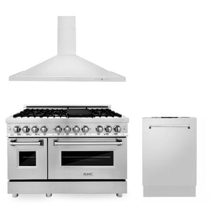 ZLINE 48 in. Kitchen Package with Stainless Steel Dual Fuel Range, Convertible Vent Range Hood and Dishwasher (3KP-RARH48-DW) front.