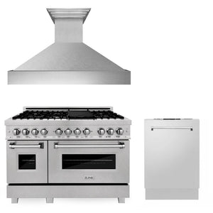 ZLINE 48 in. Kitchen Package with Satin Stainless Dual Fuel Range, Ducted Vent Range Hood and Dishwasher (3KP-RASRH48-DW)