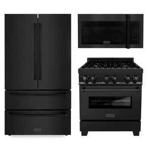 ZLINE 3-Piece Kitchen Package with Black Stainless Steel Refrigeration, 30 in. Dual Fuel Range and 30 in. Traditional Over the Range Microwave (3KPR-RABOTRH30)