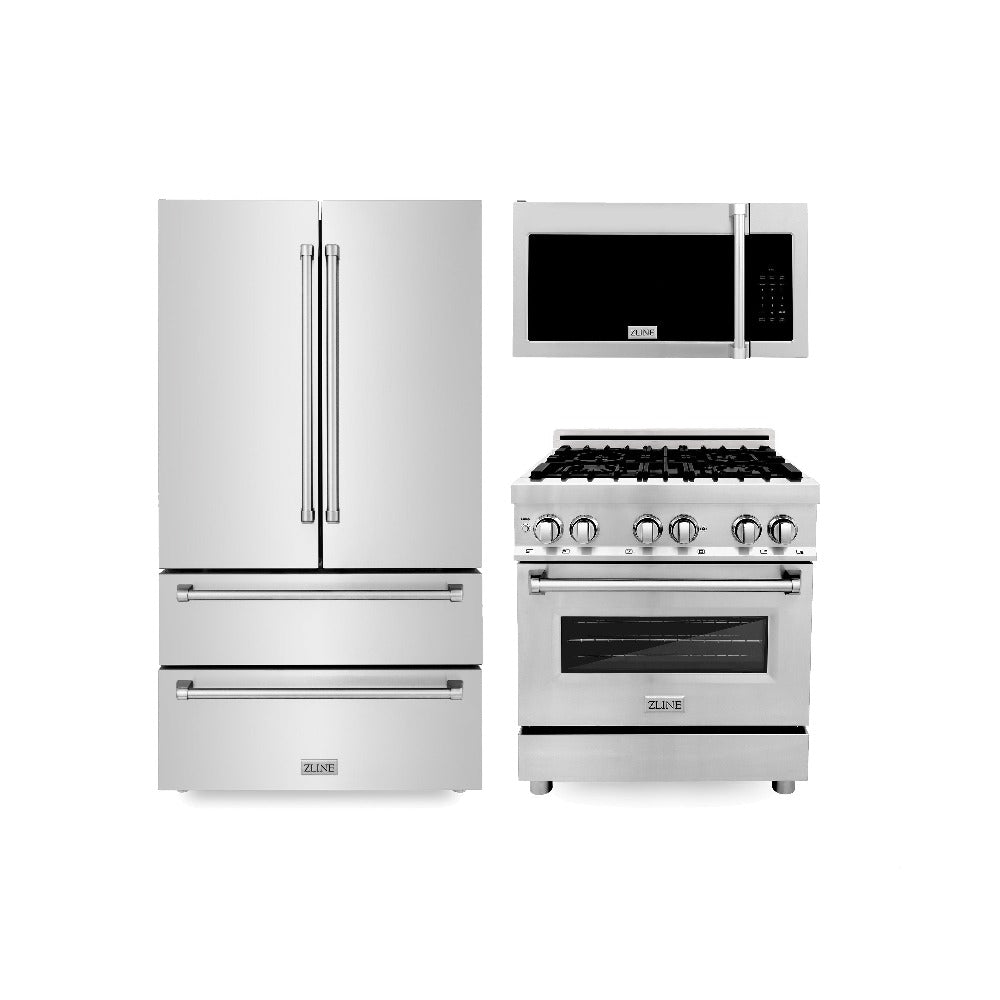 ZLINE Kitchen Package with Stainless Steel 36 in. Refrigerator, 30 in. Dual Fuel Range, and 30 in. Traditional Over-the-Range Microwave (3KPR-RAOTRH30) front.