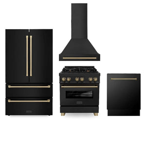 ZLINE Autograph Edition 30 in. Kitchen Package with Black Stainless Steel Dual Fuel Range, Range Hood, Dishwasher, and Refrigerator with External Water Dispenser with Champagne Bronze Accents (4AKPR-RABRHDWV30-CB) front.