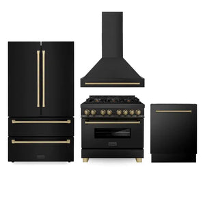 ZLINE Autograph Edition 36 in. Kitchen Package with Black Stainless Steel Dual Fuel Range, Range Hood, Dishwasher and Refrigerator Including Internal Water Dispenser with Champagne Bronze Accents (4AKPR-RABRHDWV36-CB)