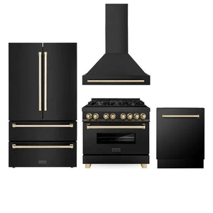 ZLINE 4-Piece Autograph Edition Black Stainless Steel Kitchen Package with Range, Range Hood, Dishwasher, and French Door Refrigerator with matching Polished Gold accents.