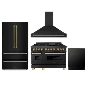 ZLINE Autograph Edition 48 in. Kitchen Package with Black Stainless Steel Dual Fuel Range, Range Hood, Dishwasher and Refrigerator with Champagne Bronze Accents (4AKPR-RABRHDWV48-CB)