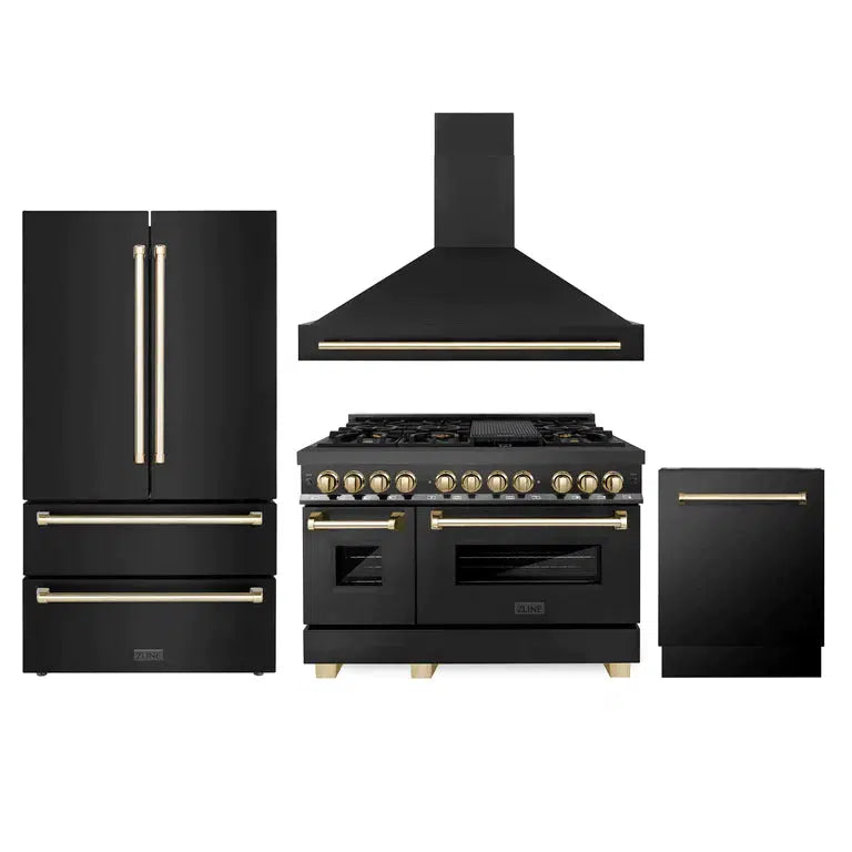 ZLINE 4-Piece Autograph Edition Black Stainless Steel Kitchen Package with Range, Range Hood, Dishwasher, and French Door Refrigerator with matching Polished Gold accents.