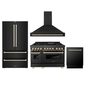 ZLINE Autograph Edition 48 in. Kitchen Package with Black Stainless Steel Dual Fuel Range, Range Hood, Dishwasher and Refrigerator Including External Water Dispenser with Polished Gold Accents (4AKPR-RABRHDWV48-G)