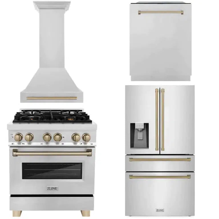 ZLINE 4-Piece Autograph Edition Stainless Steel Kitchen Package with Range, Range Hood, Dishwasher, and French Door Refrigerator with matching Champagne Bronze accents.