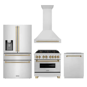 ZLINE Autograph Edition 36 in. Kitchen Package with Stainless Steel Dual Fuel Range, Range Hood, Dishwasher and Refrigerator Including External Water Dispenser with Champagne Bronze Accents (4AKPR-RARHDWM36-CB)