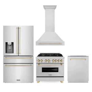 ZLINE 4-Piece Autograph Edition Stainless Steel Kitchen Package with Range, Range Hood, Dishwasher, and French Door Refrigerator with matching Polished Gold accents.