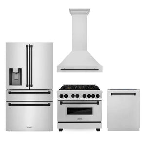 ZLINE 4-Piece Autograph Edition Stainless Steel Kitchen Package with Range, Range Hood, Dishwasher, and French Door Refrigerator with matching Matte Black accents.