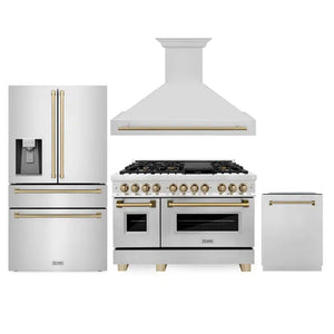 ZLINE Autograph Edition 48 in. Kitchen Package with Stainless Steel Dual Fuel Range, Range Hood, Dishwasher and Refrigerator Including External Water Dispenser with Champagne Bronze Accents (4AKPR-RARHDWM48-CB)