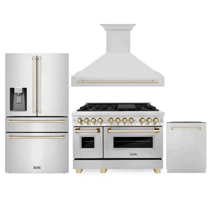 ZLINE Autograph Edition 48 in. Kitchen Package with Stainless Steel Dual Fuel Range, Range Hood, Dishwasher and Refrigerator Including External Water Dispenser with Polished Gold Accents (4AKPR-RARHDWM48-G)