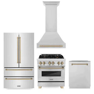 ZLINE 4-Piece Autograph Edition Stainless Steel Kitchen Package with Dual Fuel Range, Range Hood, Dishwasher and French Door Refrigerator with matching Champagne Bronze accents.