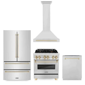 ZLINE Autograph Edition 30 in. Kitchen Package with Stainless Steel Dual Fuel Range, Range Hood, Dishwasher and Refrigerator with Polished Gold Accents (4KAPR-RARHDWM30-G)