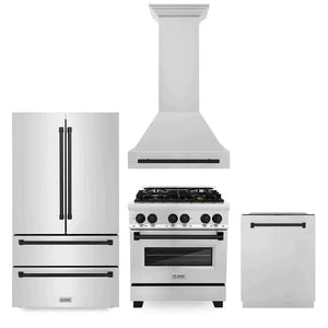 ZLINE 4-Piece Autograph Edition Stainless Steel Kitchen Package with Dual Fuel Range, Range Hood, Dishwasher and French Door Refrigerator with matching Matte Black accents.