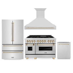 ZLINE Autograph Edition 48 in. Kitchen Package with Stainless Steel Dual Fuel Range, Range Hood, Dishwasher and Refrigerator with Polished Gold Accents (4KAPR-RARHDWM48-G)