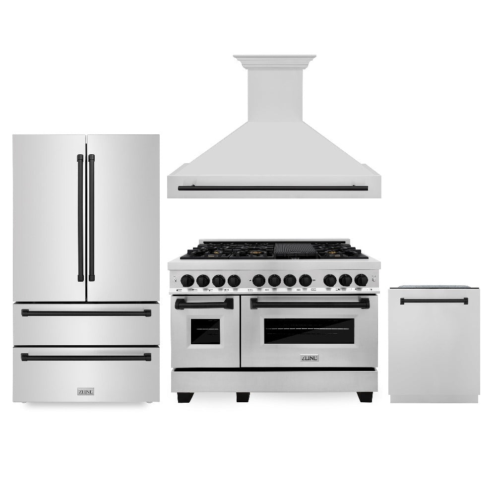 ZLINE Autograph Edition 48 in. Kitchen Package with Stainless Steel Dual Fuel Range, Range Hood, Dishwasher and Refrigeration with Matte Black Accents (4KAPR-RARHDWM48-MB) front.