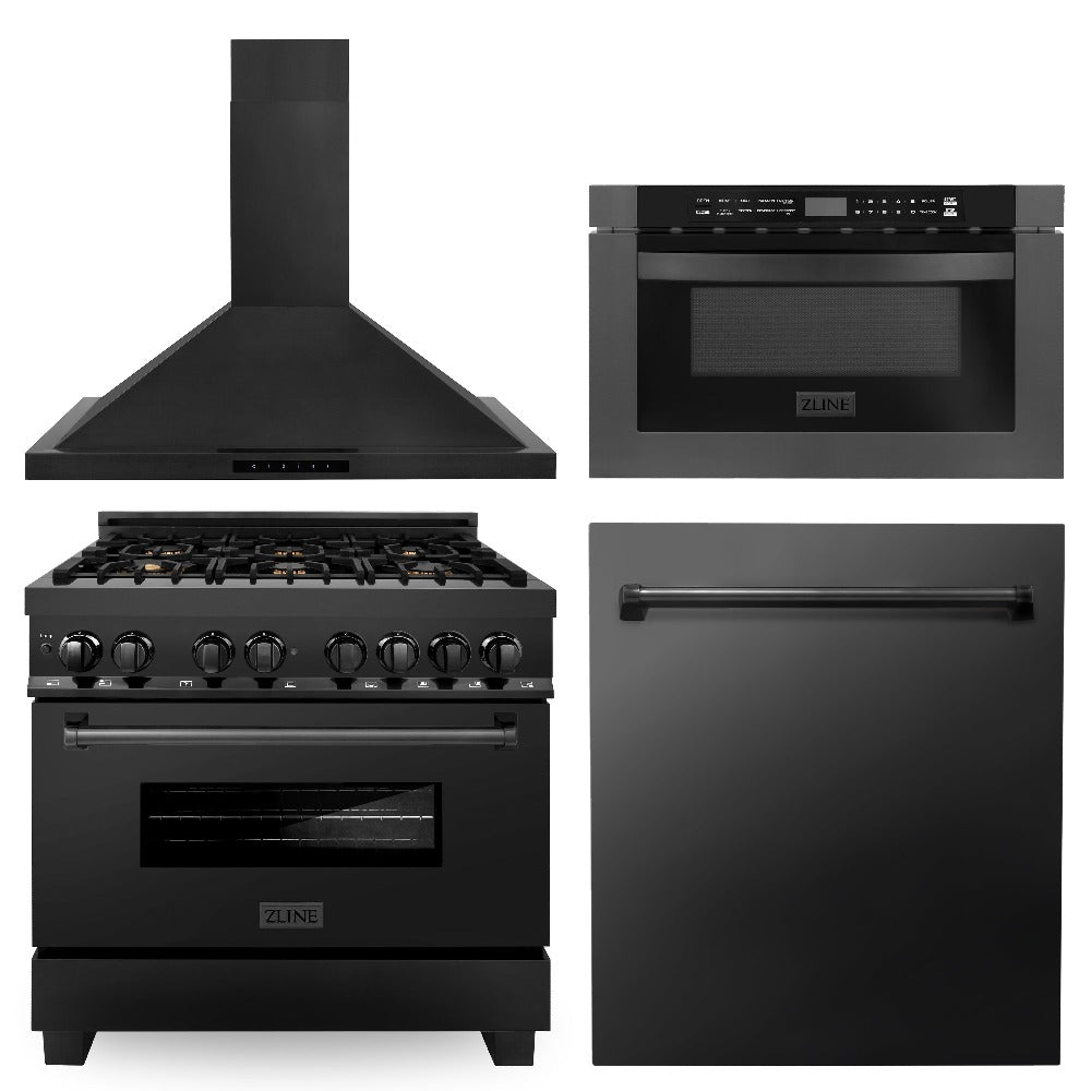 ZLINE 36 in. 4 Piece Kitchen Package with Black Stainless Steel Dual Fuel Range, Range Hood, Microwave Drawer and Dishwasher(4KP-RABRH36-MWDW) front.