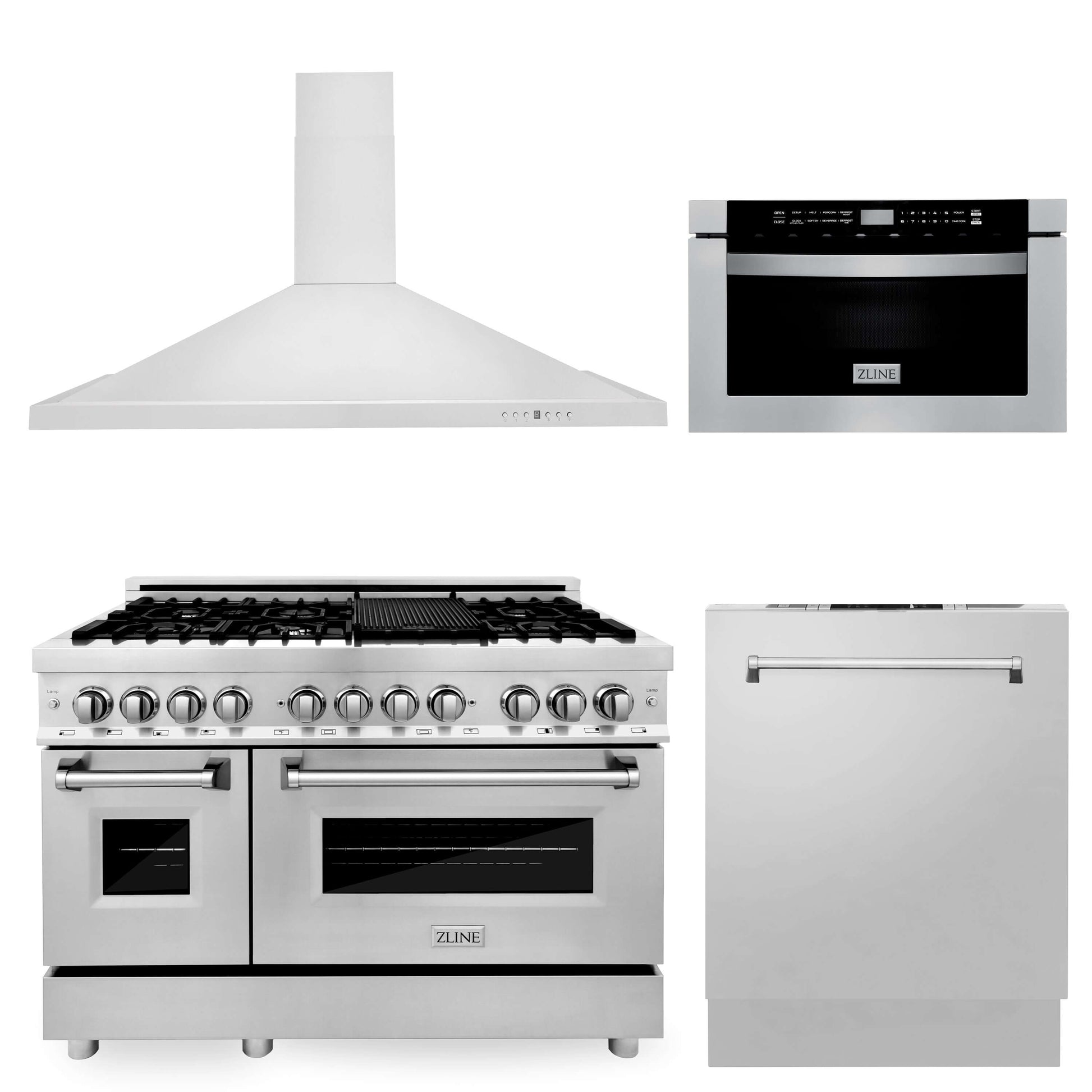 ZLINE 48 in. Kitchen Package with Stainless Steel Dual Fuel Range, Range Hood, Microwave Drawer and Dishwasher (4KP-RARH48-MWDW)