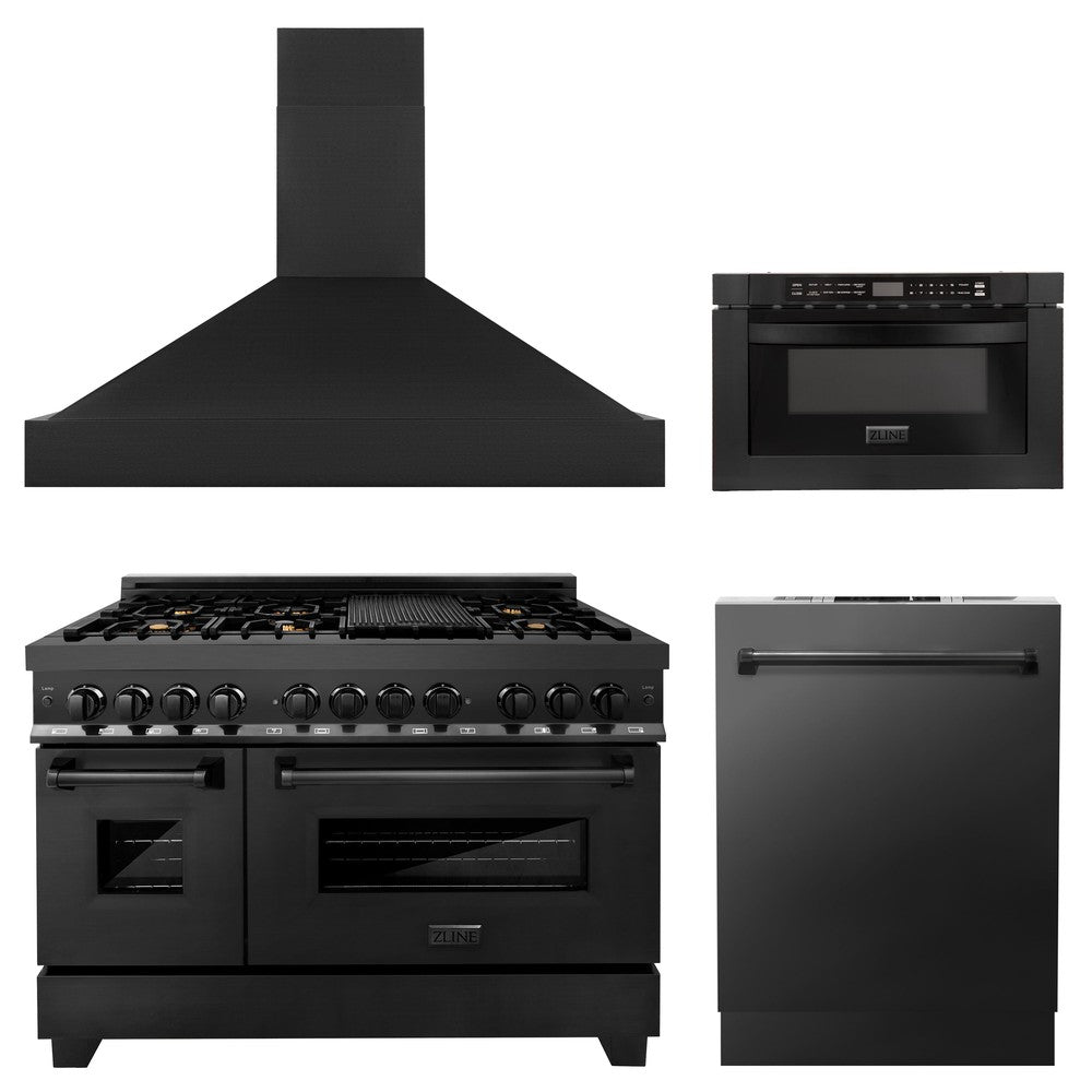 ZLINE 48 in. Kitchen Package with Black Stainless Steel Dual Fuel Range, Range Hood, Microwave Drawer and Dishwasher(4KP-RABRH48-MWDW) 