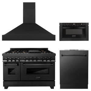 ZLINE 48 in. Kitchen Package with Black Stainless Steel Dual Fuel Range, Range Hood, Microwave Drawer and Dishwasher (4KP-RABRH48-MWDW)