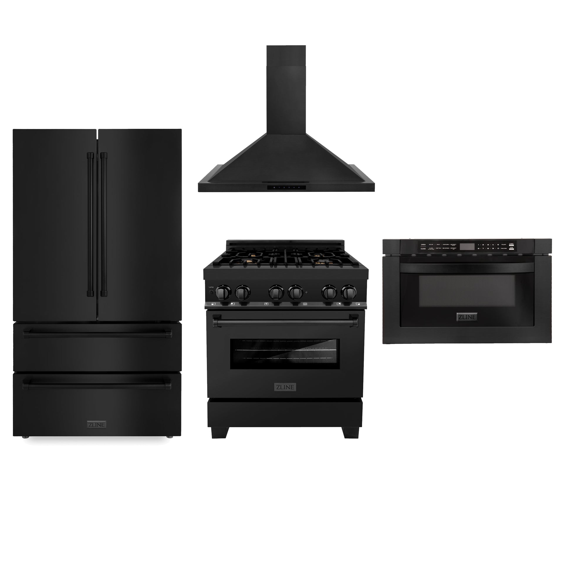 ZLINE 4-Piece Kitchen Package with Black Stainless Steel Refrigeration, 30 in. Dual Fuel Range, 30 in. Range Hood and Microwave Drawer (4KPR-RABRH30-MW)