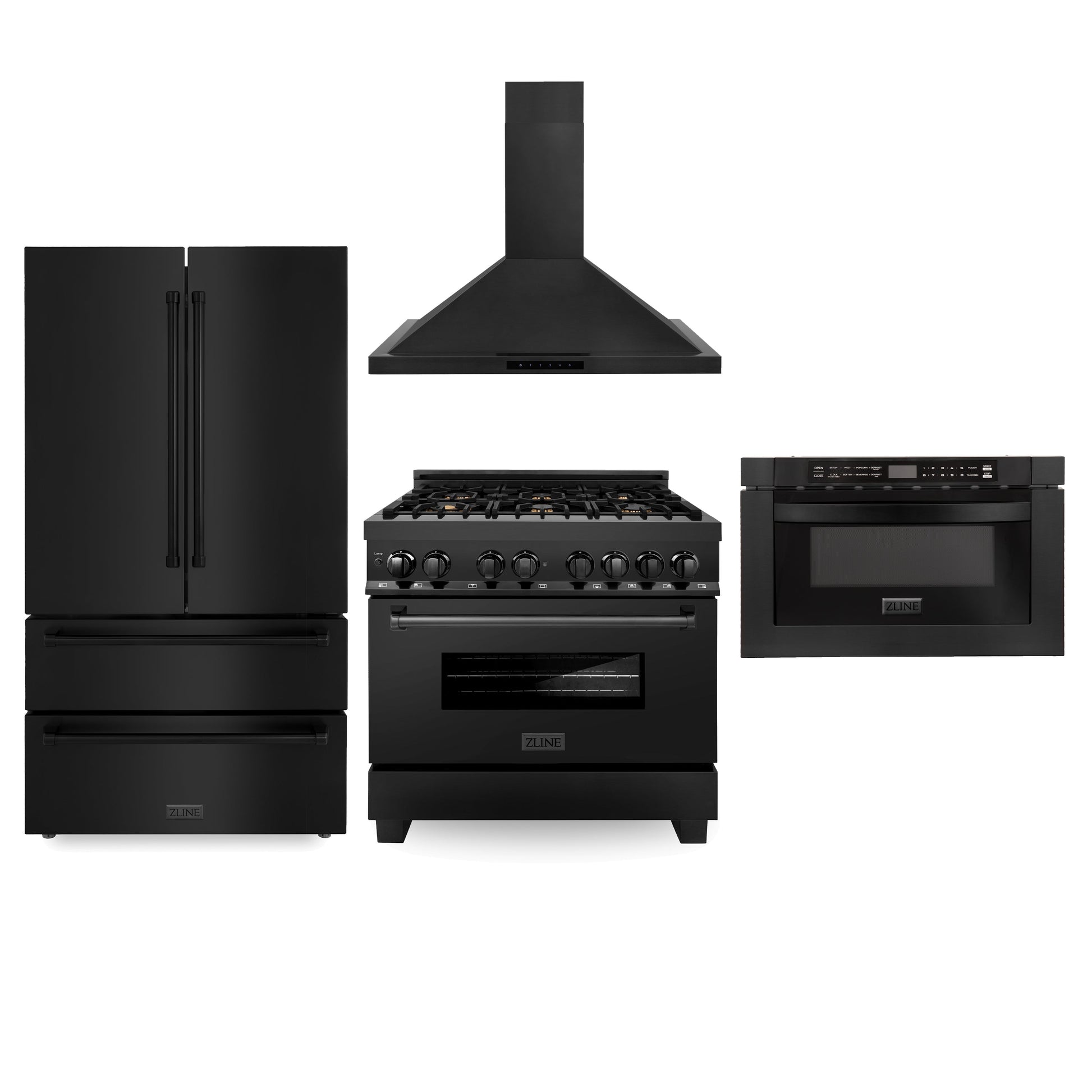 ZLINE Kitchen Package with Black Stainless Steel Refrigeration, 36 in. Dual Fuel Range, Range Hood, and Microwave Drawer (4KPR-RABRH36-MW) 