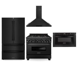 ZLINE Kitchen Package with Black Stainless Steel Refrigerator, 36 in. Dual Fuel Range, Range Hood, and Microwave Drawer (4KPR-RABRH36-MW)