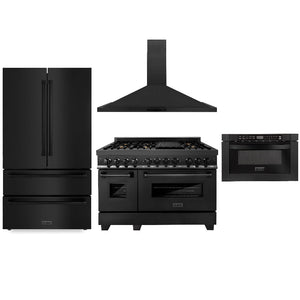 ZLINE Kitchen Package with Black Stainless Steel Refrigerator, 48 in. Dual Fuel Range, Range Hood, and Microwave Drawer (4KPR-RABRH48-MW)