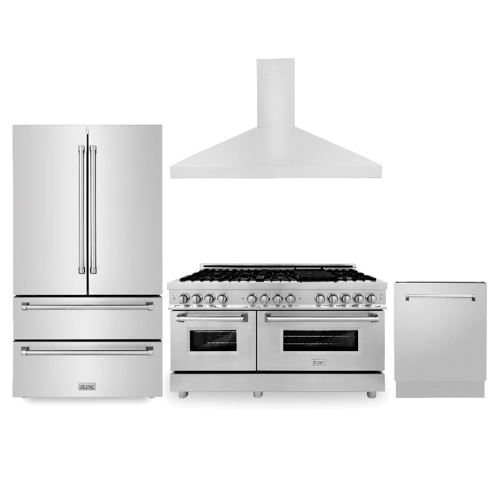 ZLINE Kitchen Package with Refrigeration, 60 in. Stainless Steel Dual Fuel Range, 60 in. Convertible Vent Range Hood and 24 in. Tall Tub Dishwasher (4KPR-RARH60-DWV) front.