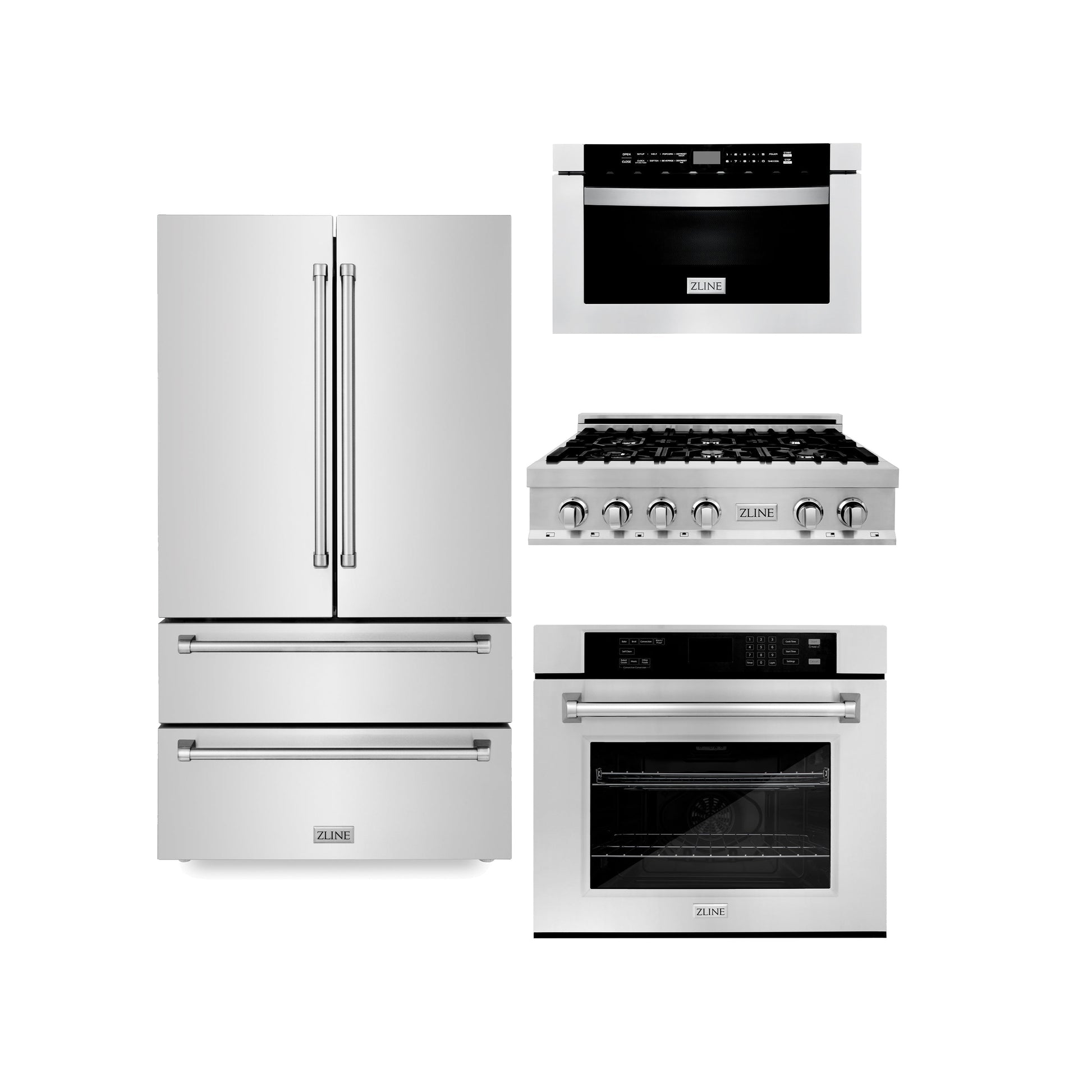 ZLINE Kitchen Package with Refrigeration, 36 in. Stainless Steel Rangetop, 30 in. Single Wall Oven, 30 in. Microwave Oven (4KPR-RT36-MWAWS) 