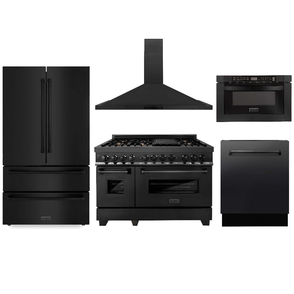 ZLINE Kitchen Package with Black Stainless Steel Refrigeration, 48 in. Dual Fuel Range, 48 in. Range Hood, Microwave Drawer, and 24 in. Tall Tub Dishwasher (5KPR-RABRH48-MWDWV) front.