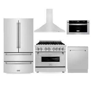 ZLINE Kitchen Package with Refrigerator, 36 in. Stainless Steel Dual Fuel Range, 36 in. Convertible Vent Range Hood, 24 in. Microwave Drawer, and 24 in. Tall Tub Dishwasher (5KPR-RARH36-MWDWV)