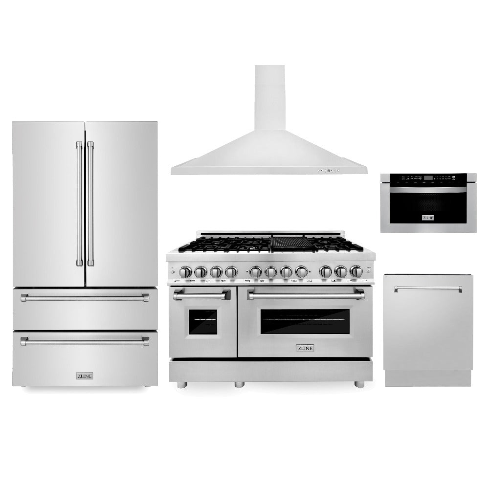 ZLINE Kitchen Package with Refrigeration, 48 in. Stainless Steel Dual Fuel Range, 48 in. Convertible Vent Range Hood, 24 in. Microwave Drawer, and 24 in. Tall Tub Dishwasher (5KPR-RARH48-MWDWV) front.