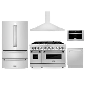 ZLINE Kitchen Package with Refrigeration, 48 in. Stainless Steel Dual Fuel Range, 48 in. Convertible Vent Range Hood, 24 in. Microwave Drawer, and 24 in. Tall Tub Dishwasher (5KPR-RARH48-MWDWV) front.