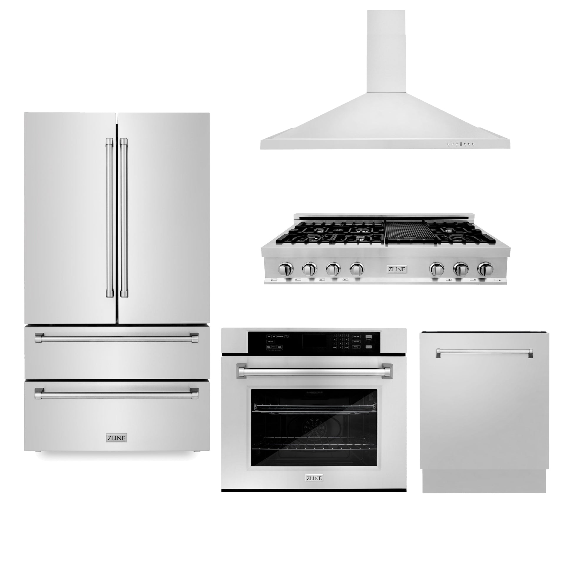 ZLINE Kitchen Package with Refrigeration, 48 in. Stainless Steel Rangetop, 48 in. Range Hood, 30 in. Single Wall Oven and 24 in. Tall Tub Dishwasher (5KPR-RTRH48-AWSDWV) 