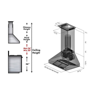 ZLINE Professional Convertible Vent Wall Mount Range Hood in Stainless Steel with Crown Molding (667CRN) dimensional diagram with measurements.