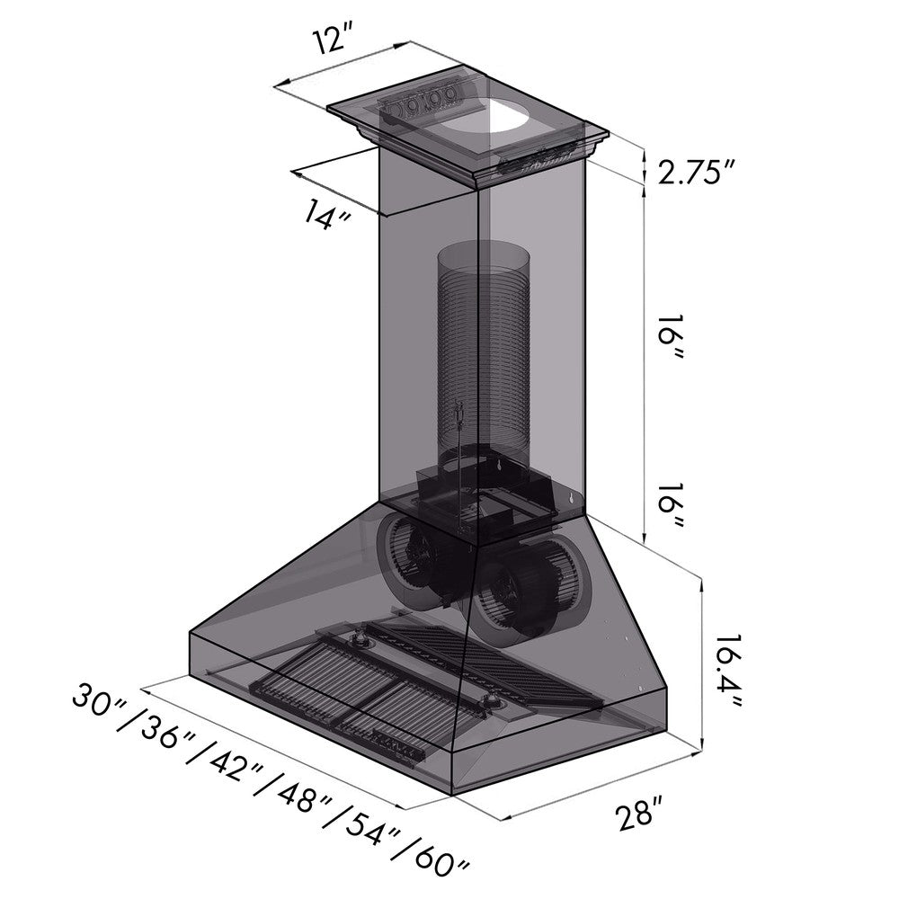 ZLINE Professional Wall Mount Range Hood in Stainless Steel with Built-in ZLINE CrownSound Bluetooth Speakers (697CRN-BT) dimensional diagram with measurements.