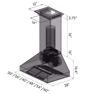 ZLINE Professional Wall Mount Range Hood in Stainless Steel with Built-in ZLINE CrownSound Bluetooth Speakers (697CRN-BT) dimensional diagram with measurements.